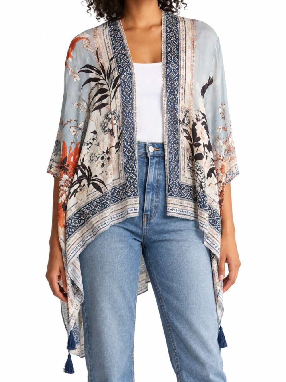 Vince Camuto O/S Floral Kimono Ruana Cardigan Boho Resort Tassel Topper